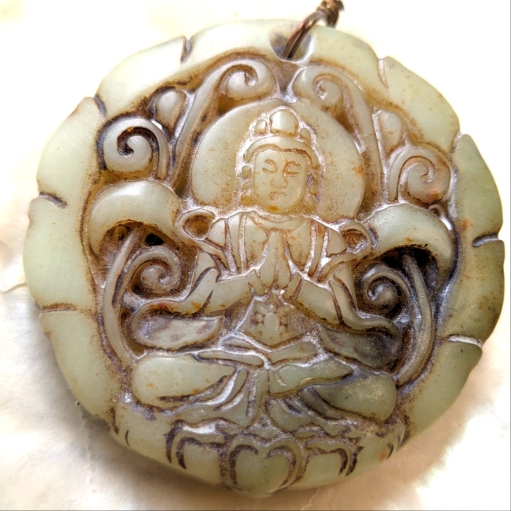 Large Pendant of Buddha Sculpted in Genuine Prehnite